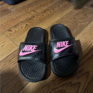 Nike Black Slides with Pink Logo